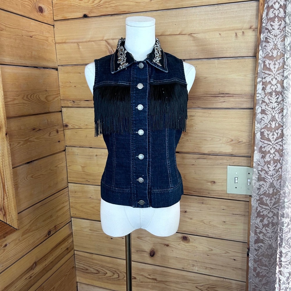 Vintage Fringe Rhinestone Denim Vest Women Small Blue Western Festival Snazzie